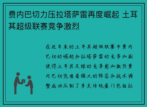 费内巴切力压拉塔萨雷再度崛起 土耳其超级联赛竞争激烈